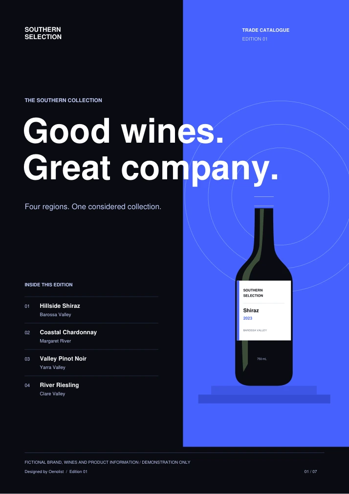 Southern Selection sample catalogue cover with cobalt blue and black panels and the heading Good wines. Great company.