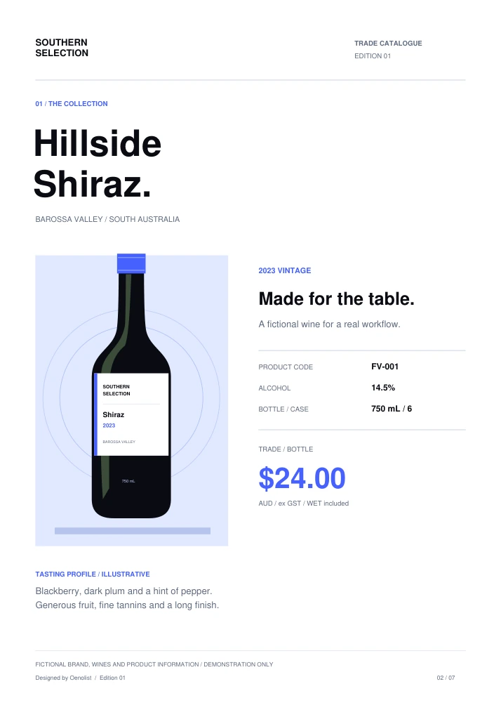Sample Hillside Shiraz catalogue page with a bottle illustration, wine profile and trade price
