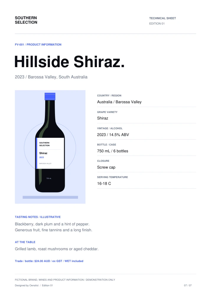 Sample Hillside Shiraz technical sheet with a bottle illustration, origin, variety, alcohol, closure, serving temperature, tasting notes and food pairings