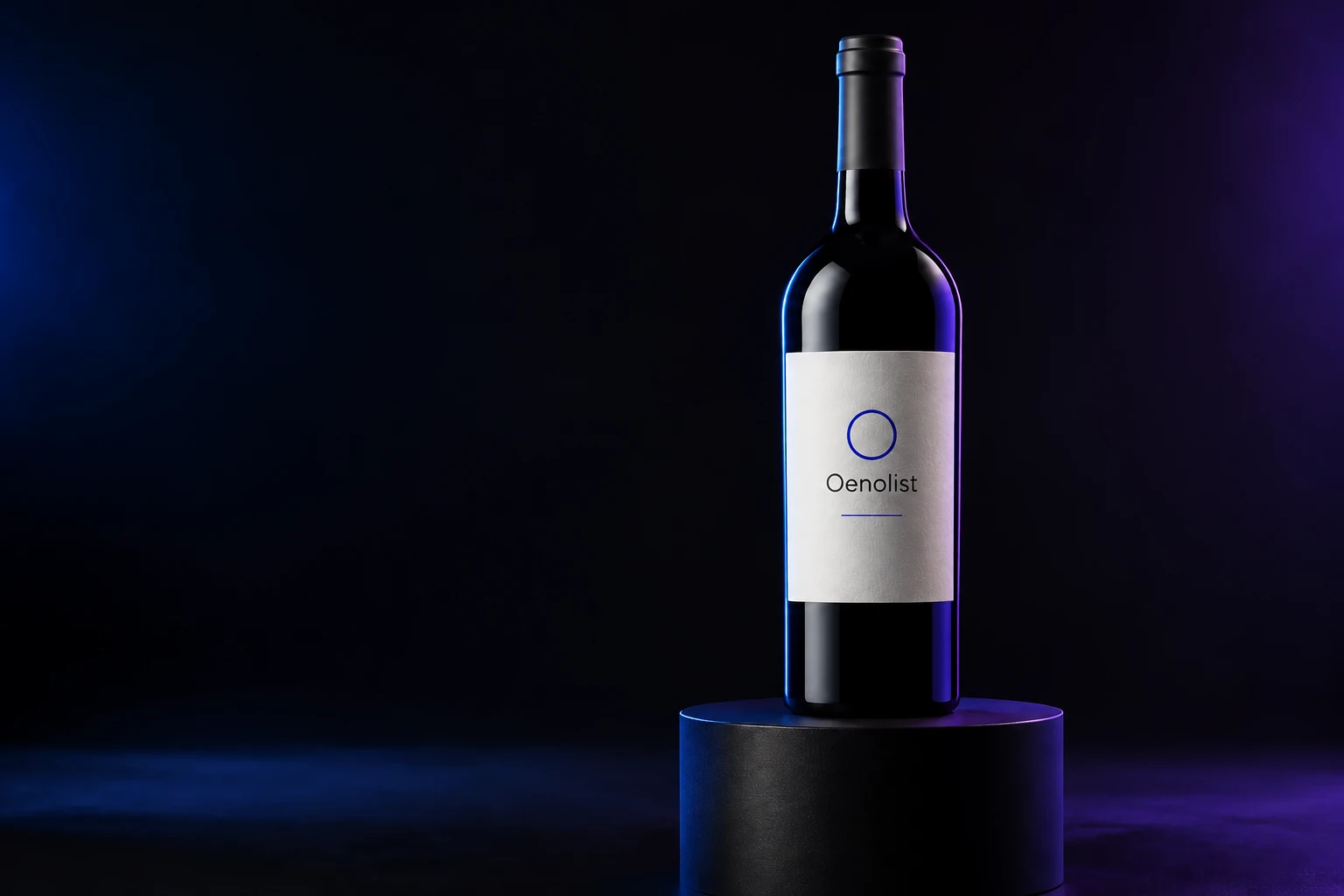 Studio illustration of a wine bottle with an Oenolist label, on a dark plinth with cobalt lighting
